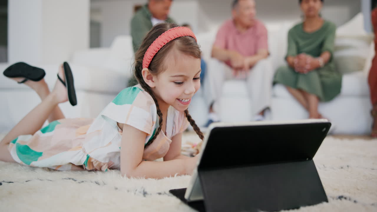 Tablet, smile and child on floor in the living