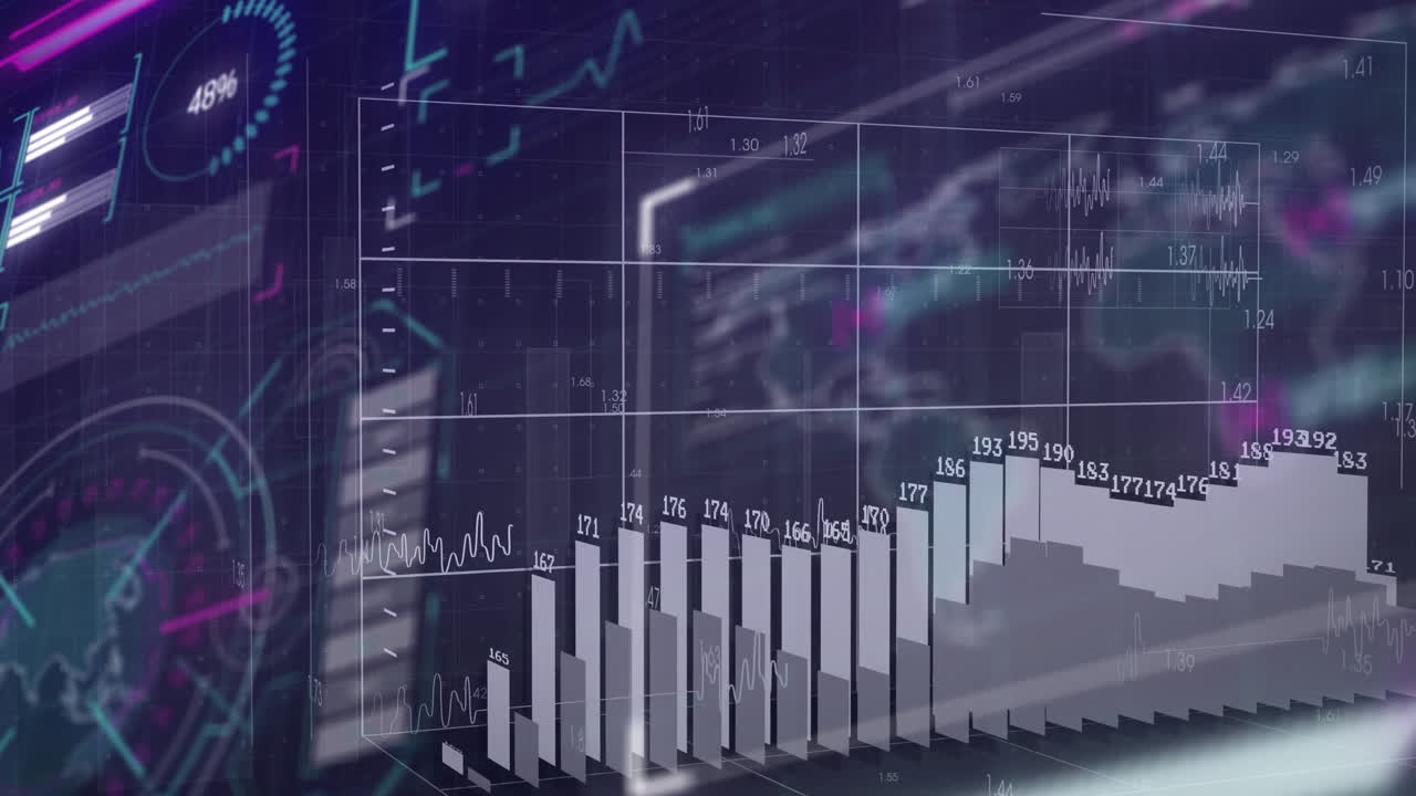 3D bar graph and financial data processing animation over digital interface