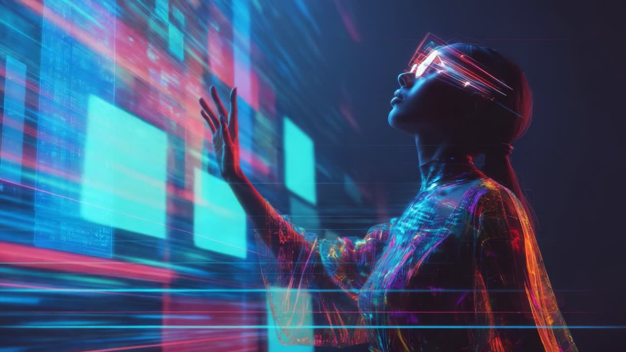 A futuristic exploration of technology and digital interaction, featuring a woman wearing glowing glasses engaging with vibrant holographic data streams and colorful digital elements in a mesmerizing visual landscape