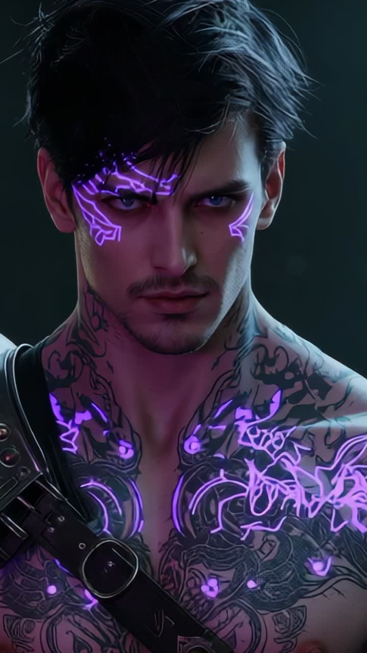 Vertical video: Harness strapped man pulsing tattoos revealing purple sigils in dark studio