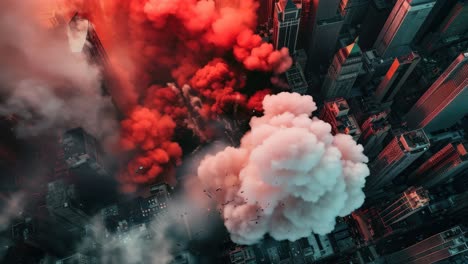 aerial view of a cityscape engulfed in dramatic red and white smoke, creating a cinematic