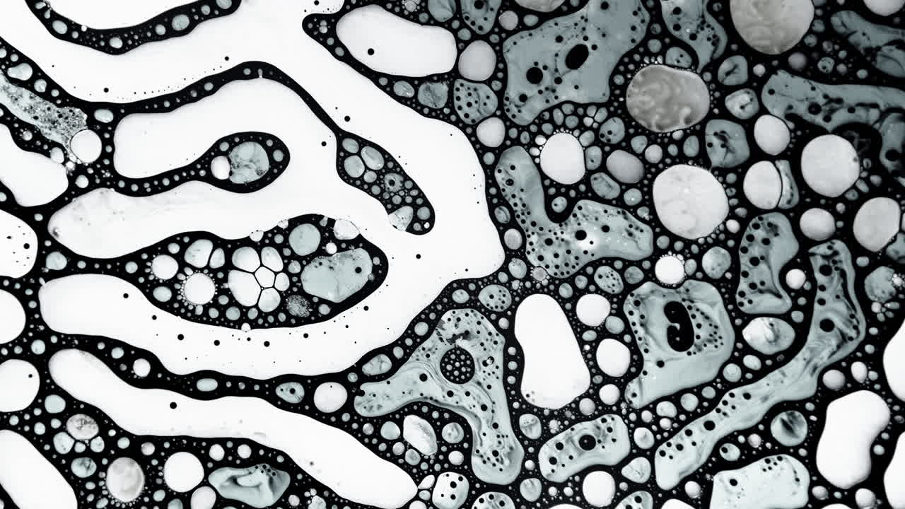 Abstract macro shot of black and white liquid mixing, forming intricate organic patterns