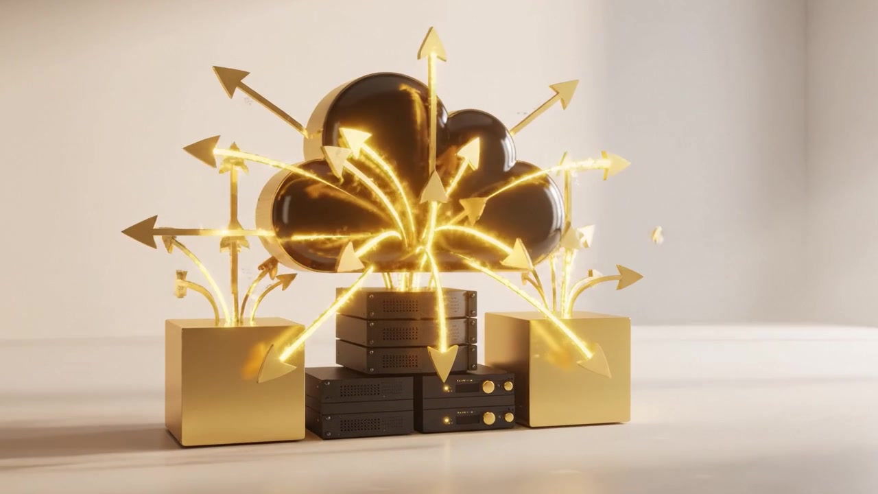 Modern Cloud Computing Design Featuring a Floating Cloud Symbol and Dynamic Data Flow with Gold and Black Aesthetic, Highlighting Technology and Innovation
