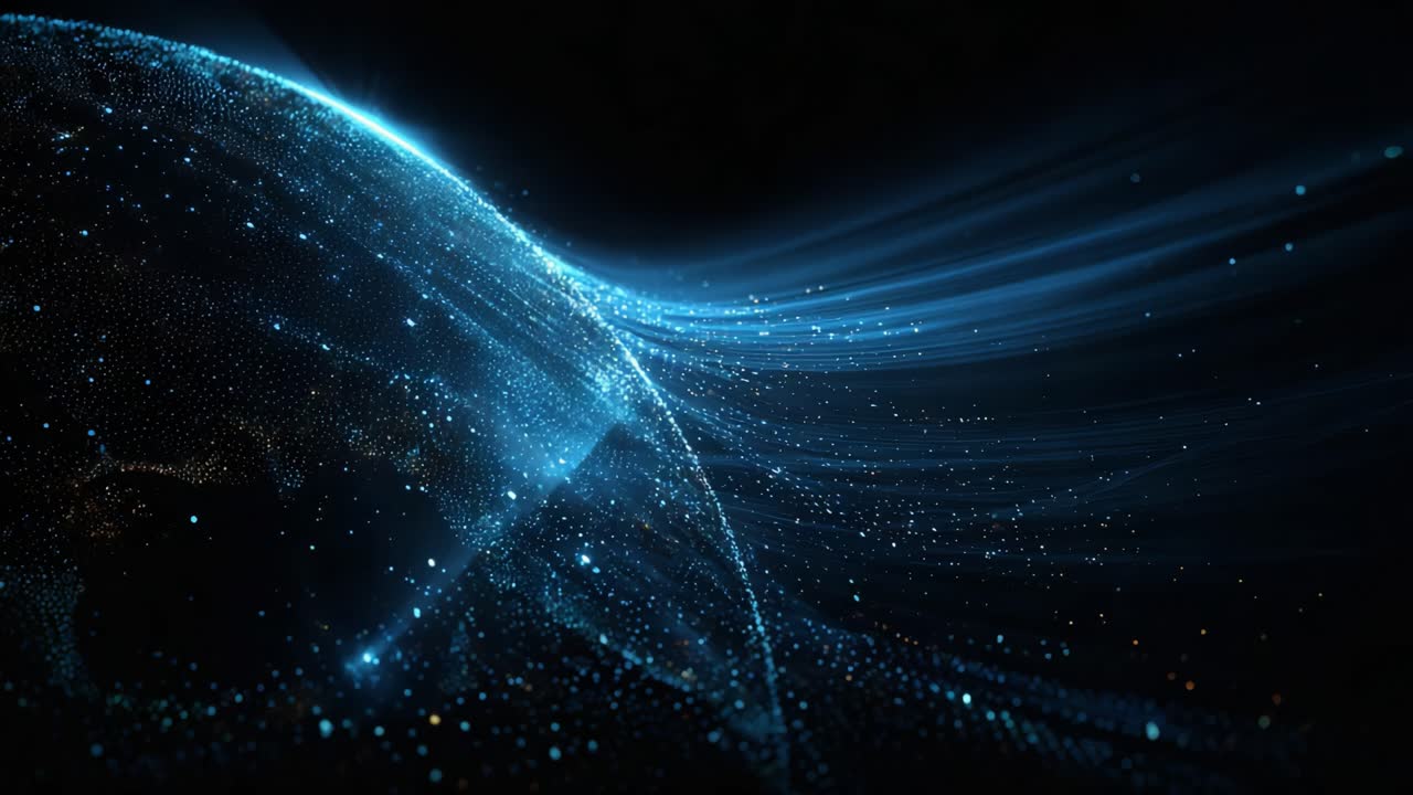 A mesmerizing visualization of cosmic energy flowing through space, showcasing radiant particles and dynamic light patterns that evoke the wonders of the universe