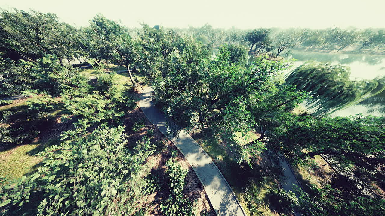 vista aérea de un parque sereno con un camino sinuoso y un río