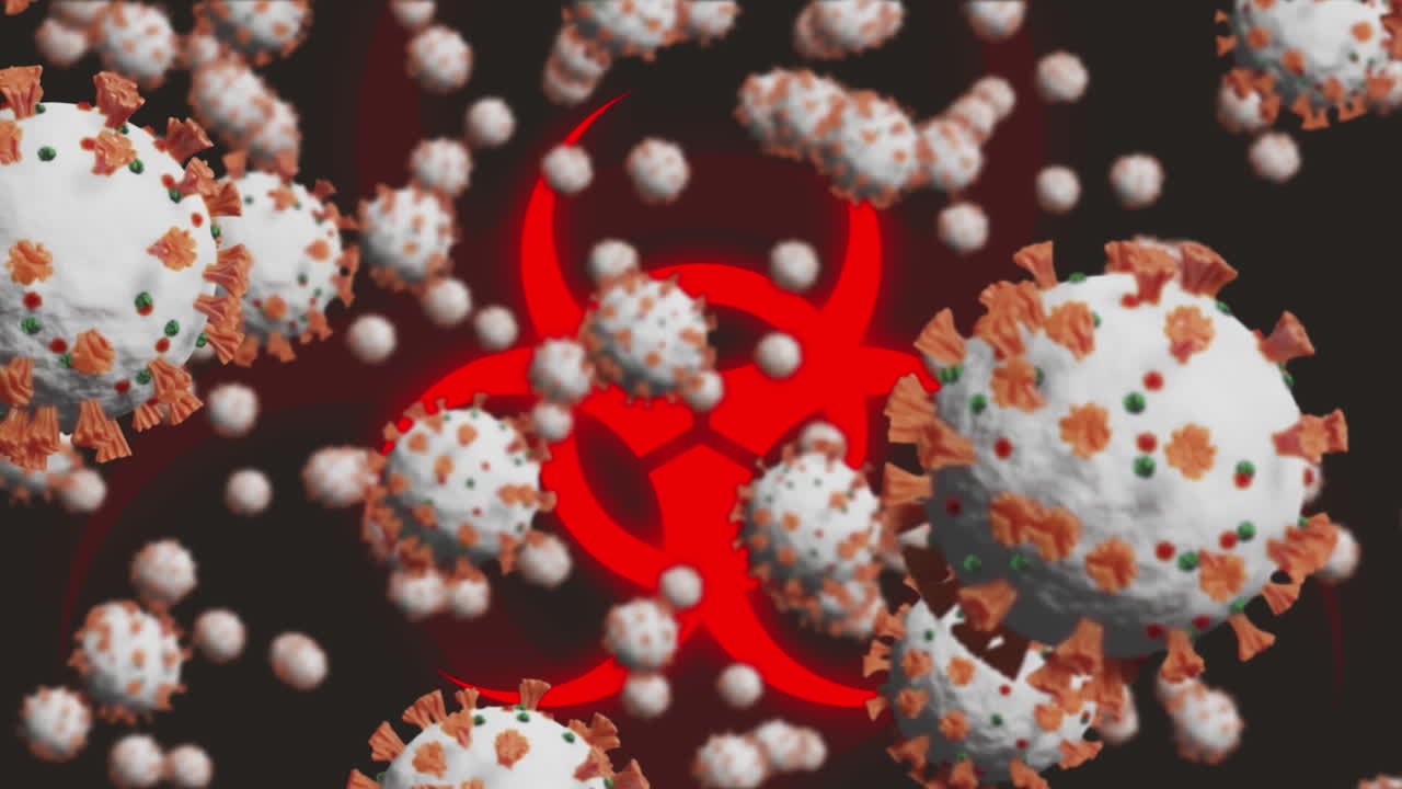 Animation of covid 19 emergency cells and biohazard symbol