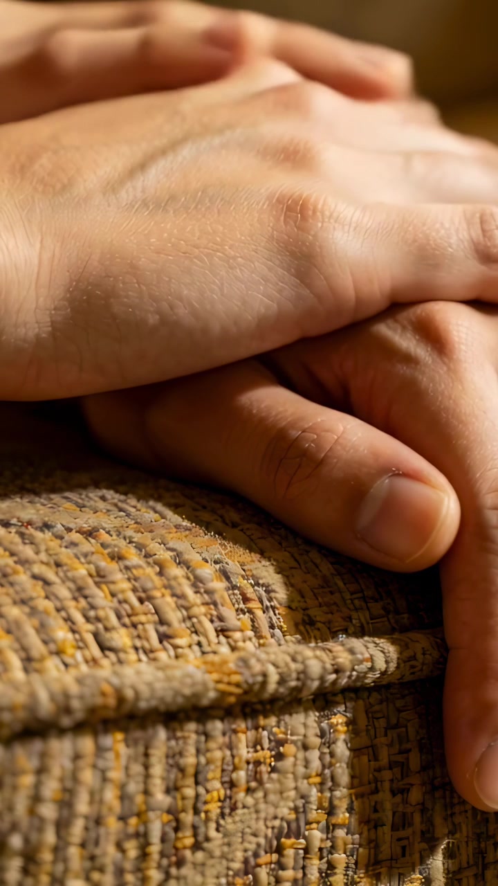 Video verticale: Mano che si sposta, si sistema e preme sul bracciolo intrecciato di un divano, cercando comfort.
