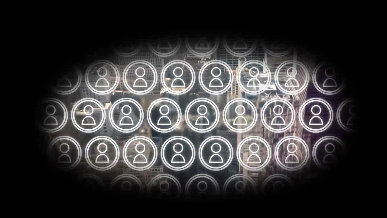 animación de una cuadrícula de viñetas de iconos de personas que se mueven sobre el paisaje urbano moderno