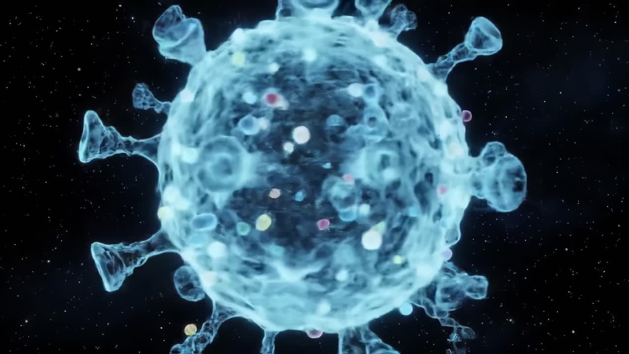 A Stunning Visual Representation of a Virus Particle Surrounded by a Starry Background, Illustrating the Complexity and Intricacies of Microbial Life