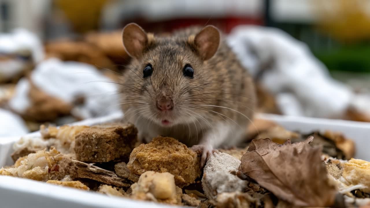 Un Curioso Roditore che Esplora un Banchetto di Briciole Avanzate in uno Sfondo Panoramico, Mettendo in Mostra le Sue Caratteristiche Uniche e il Suo Ambiente