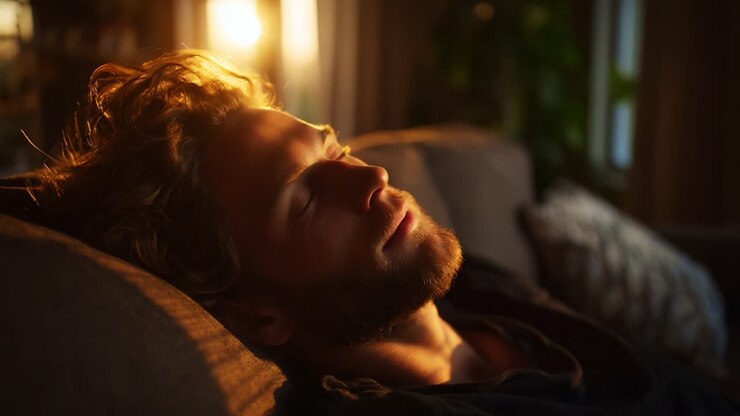 Un momento di pace catturato nella luce dell'ora d'oro, che mostra un uomo rilassato che si gode un sereno riposino su un comodo divano, evidenziando tranquillità e calma
