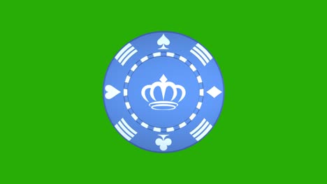 royal casino chip with crown and symbols rotates on its axis on green background. 3d animation of a 360 degrees spinning poker chip. betting game concept. poker or roulette gaming. 4k. alpha channel