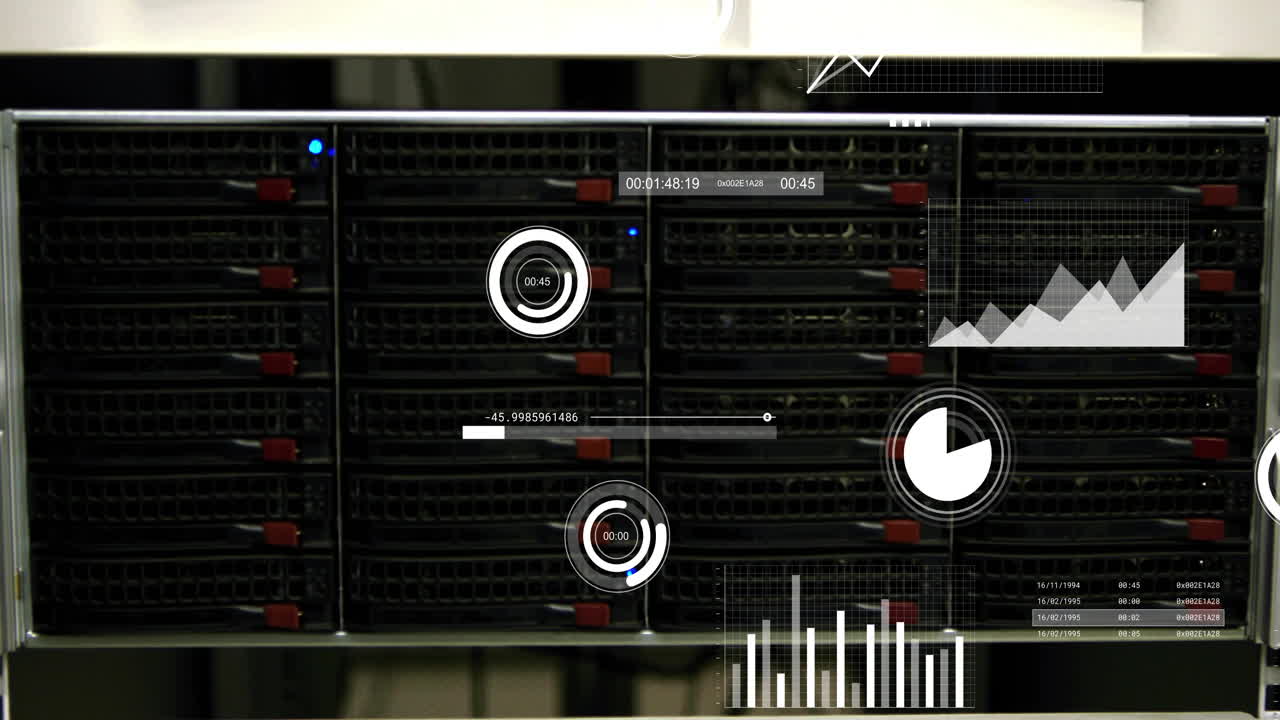 Server racks with digital data processing animation and graphs overlay