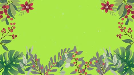 Animation-of-flower-and-foliage-border-with-light-snow-falling,-on-green-background