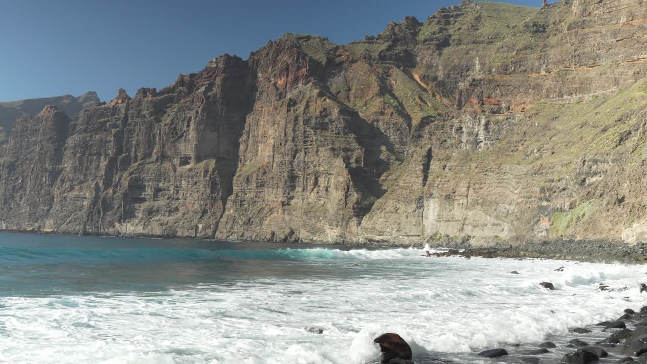 Panorámica izquierda de la playa de Los Guios a lo largo de los acantilados de Los Gigantes
