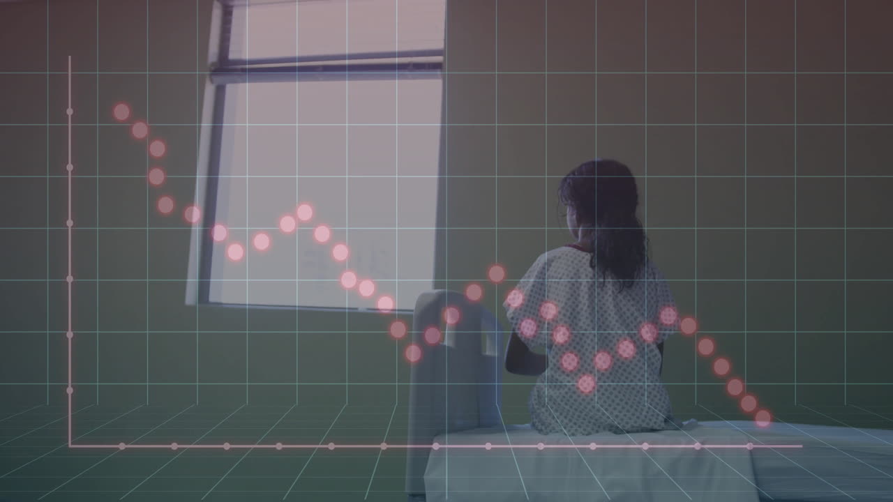Girl sitting on hospital bed facing window, showing healthcare data grid and red dotted line chart