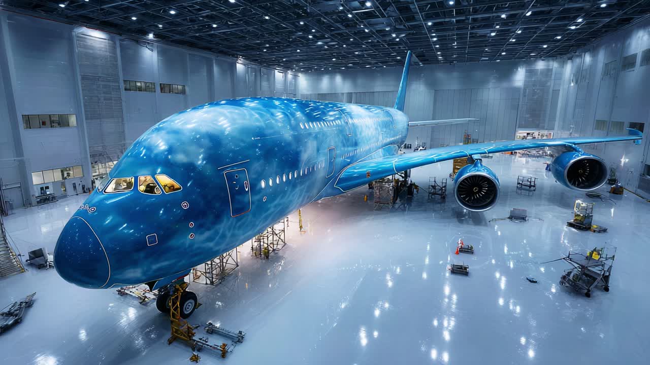 Aviation Art: A Stunning Blue Aircraft Unveils Its Galaxies in an Immaculate Hangar, Showcasing Advanced Technology, Design, and Engineering Marvel in the Aircraft Manufacturing Process