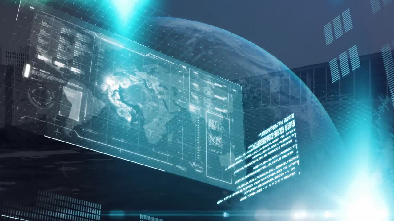 건물을 대비하여 전 세계에 대한 렌즈 플레어와 함께 인포그래픽 인터페이스의 애니메이션