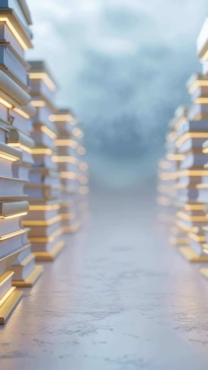 Vertical video: Camera dollying between glowing book stacks in CGI corridor, revealing bluish fog