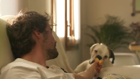 close up of handsome man sharing food with his dog in golden natural light