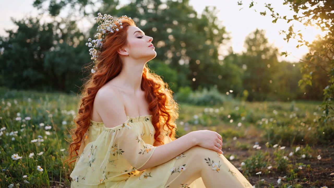 Redhead Woman in Flower Crown in a Serene Sunset Meadow