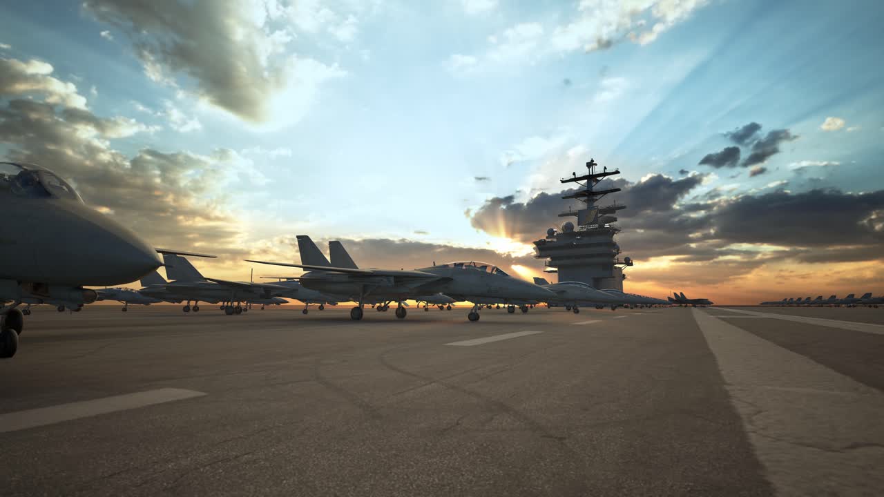 Navy Fighters Sit On The Flight Deck On An Aircraft Carrier, Sunset Time