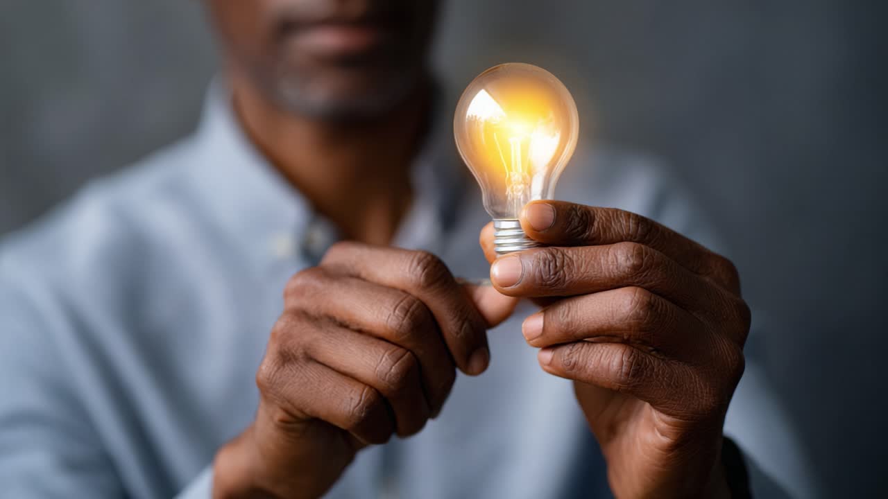 An individual holds a glowing light bulb, symbolizing creativity, innovation, and new ideas, with a thoughtful expression in a softly illuminated environment