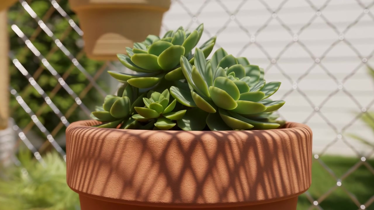 Primo piano di un gruppo di piante grasse in un vaso di terracotta, posizionato accanto a una recinzione a maglie di catena sfocata e una morbida vegetazione, con luce solare a strisce e toni tenui che suggeriscono un arredamento tranquillo per un patio domestico.