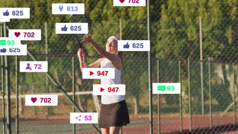 animation of icons and data processing over caucasian female tennis player