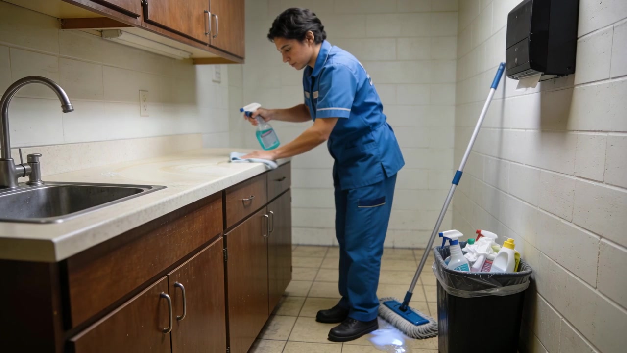 Un addetto alle pulizie in uniforme blu spruzza una soluzione, pulendo il piano di lavoro e igienizzando il bancone in un angolo cottura.
