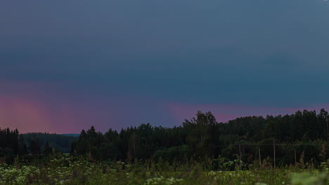 Timelapse-shot-of-dark-clouds-moving-with-lightning-over-green-grasslands-with-wild-white-flowers-in-full-bloom-during-evening-time