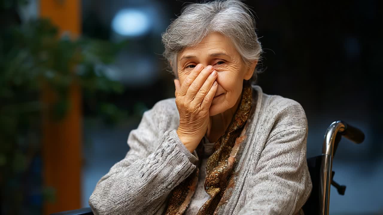 An elderly woman expresses a sense of surprise or amusement, momentarily covering her face with her hand while sitting in a wheelchair, showcasing her emotions in a cozy indoor setting