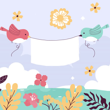 pájaros sosteniendo un estandarte en un entorno floral