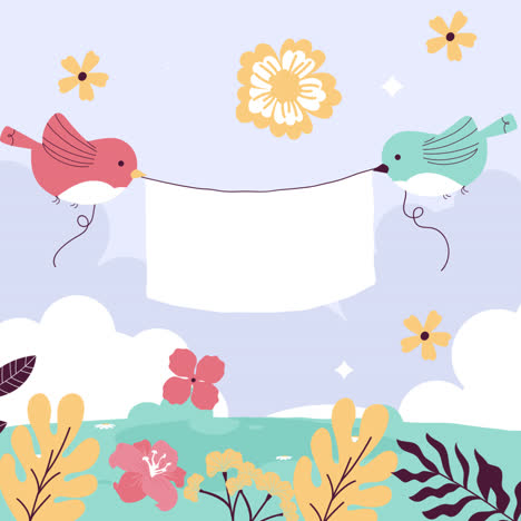 birds holding a banner in a floral setting