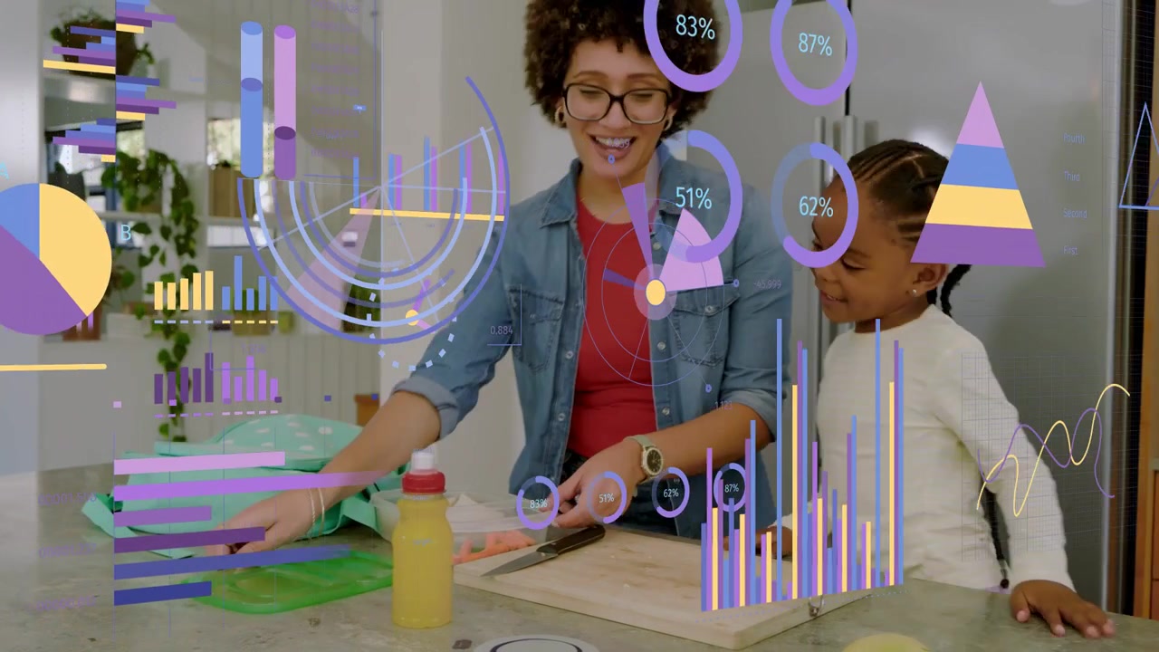 Woman guiding girl packing school lunch in kitchen, slicing carrots, animated charts floating over