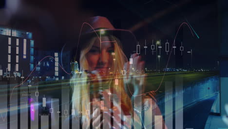 woman wearing fedora gesturing on overpass with finance dashboard candlestick bars trend lines