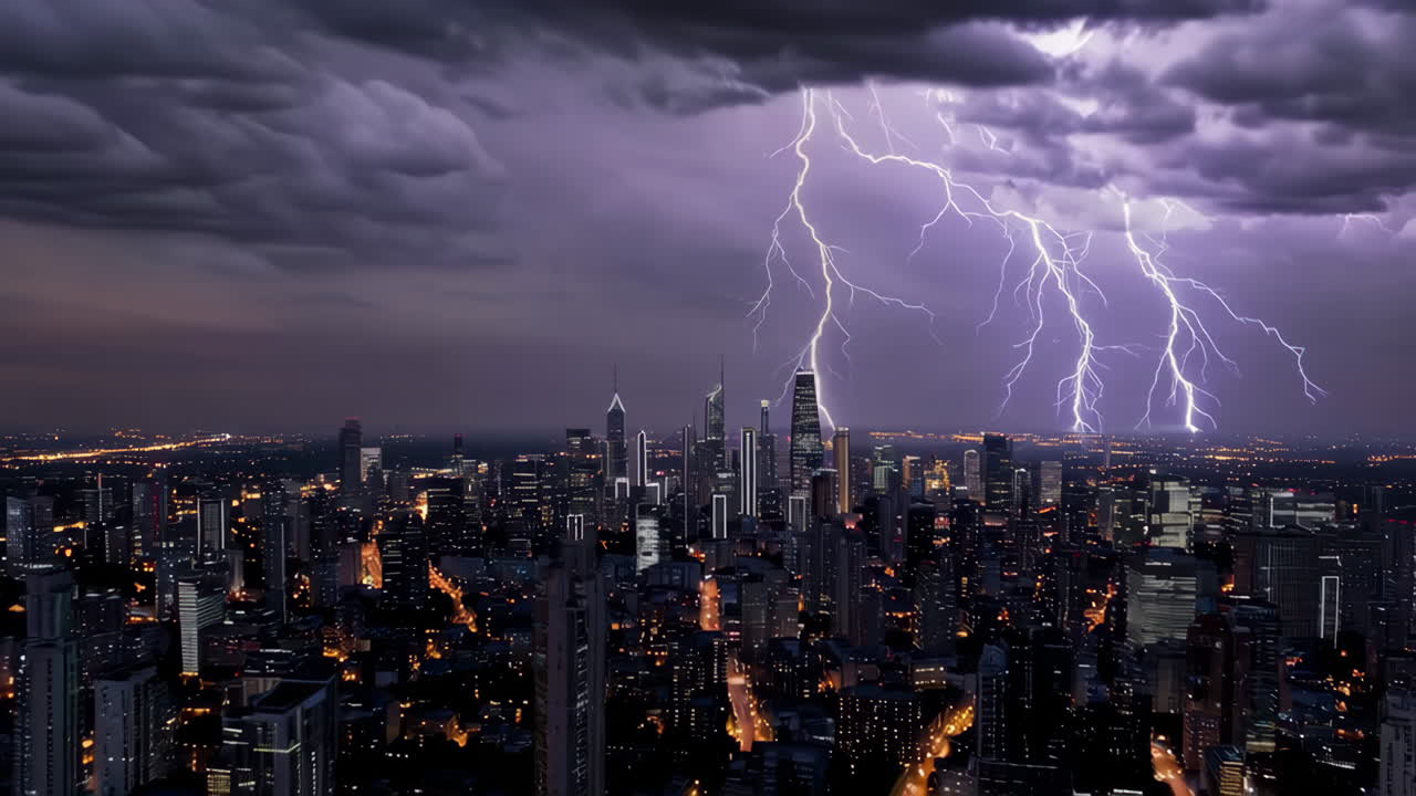 Cityscape Under a Powerful Lightning Storm