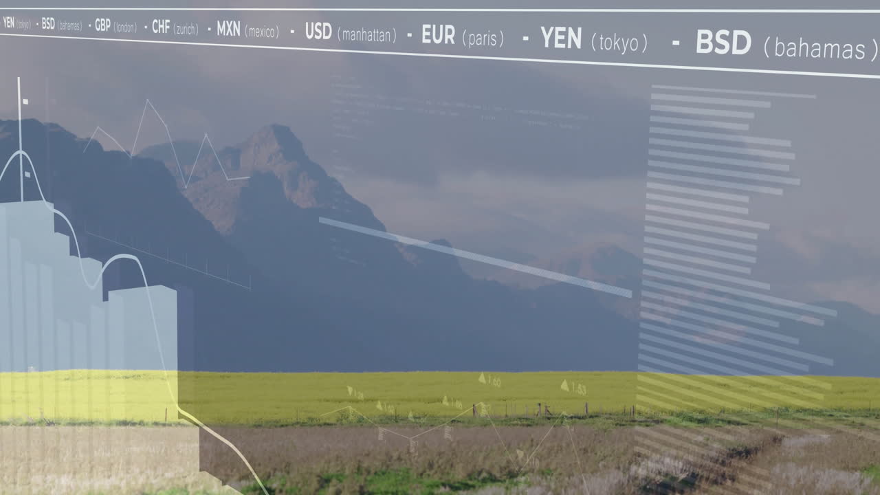 Mountain landscape animating in flat design with finance overlay, showing currency codes and bars