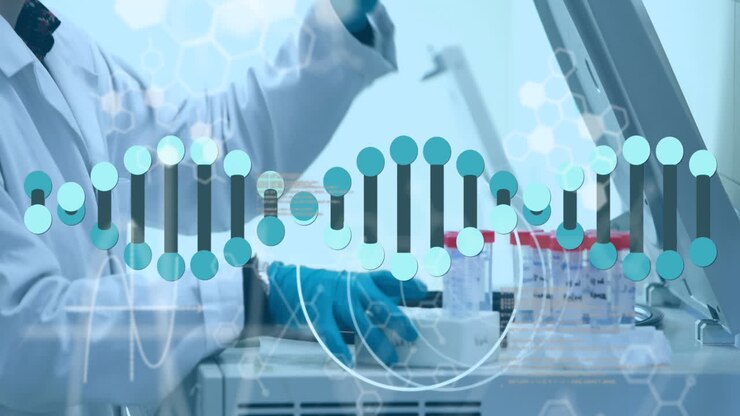 Animation of dna strand spinning over caucasian male scientist