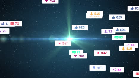 animation of social media icons and numbers on white banners over stars on blue sky