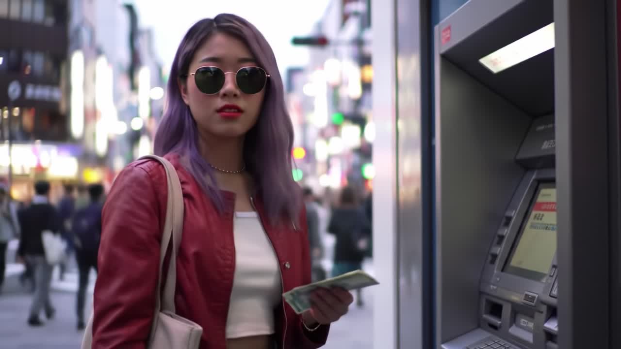 A Stylish Young Woman Using an ATM in a Bustling City Setting, Capturing Urban Life and Modern Banking in Action with a Fashionable Touch.