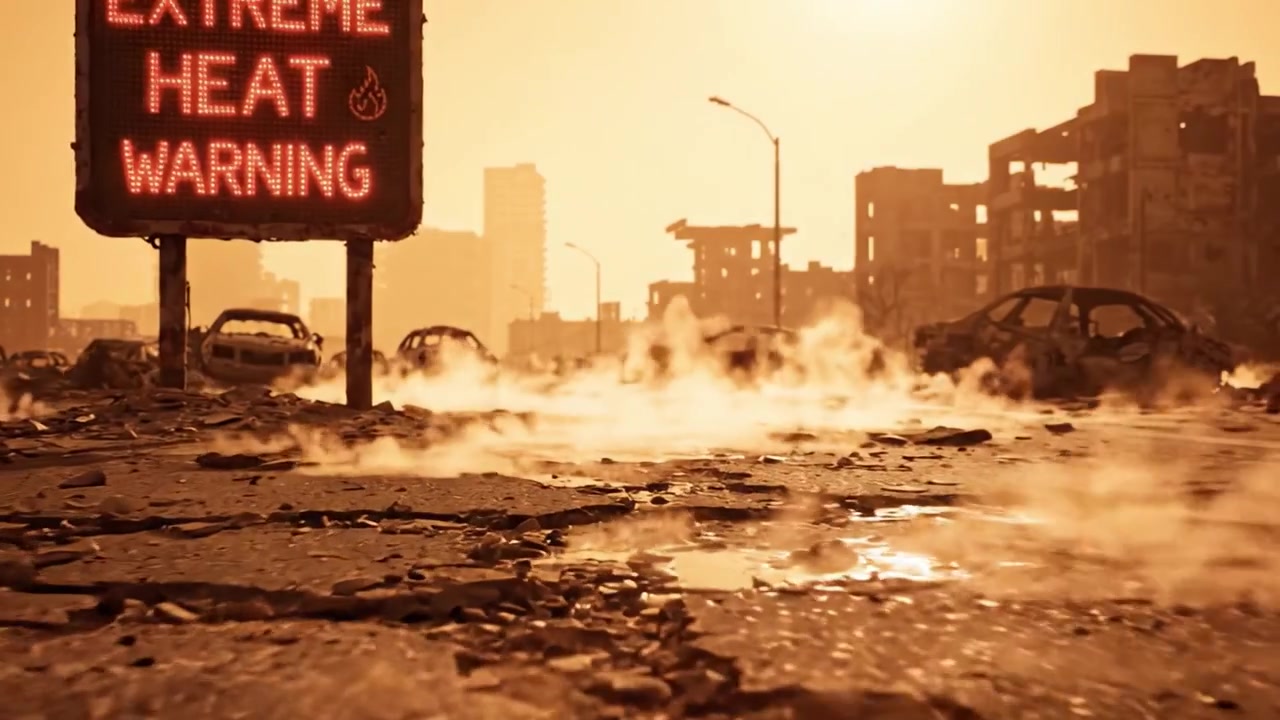 Dystopische Landschaft mit Warnschild für extreme Hitze inmitten von Ruinen und verlassenen Fahrzeugen in einer postapokalyptischen Umgebung unter einem orangefarbenen Himmel