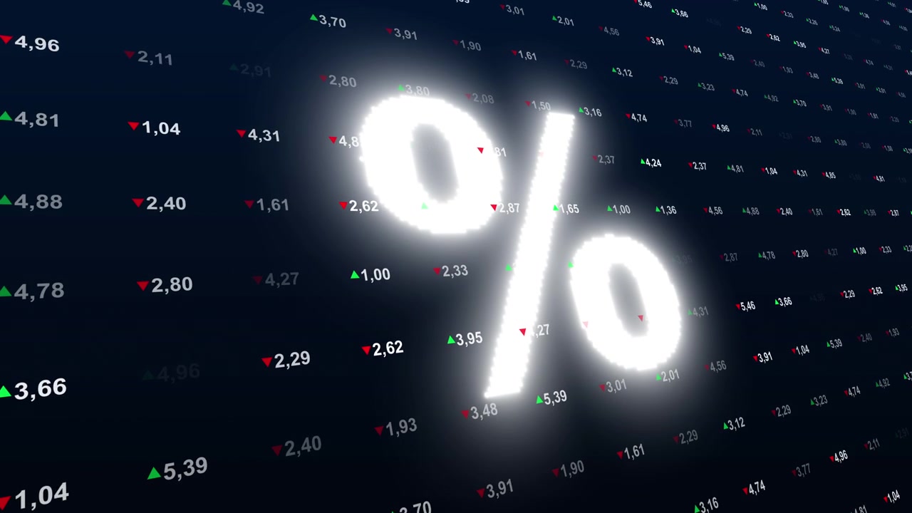 Glowing Percentage Symbol on Digital Financial Stock Market Board