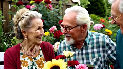 a man and a woman are sitting together in a garden, surrounded by flowers