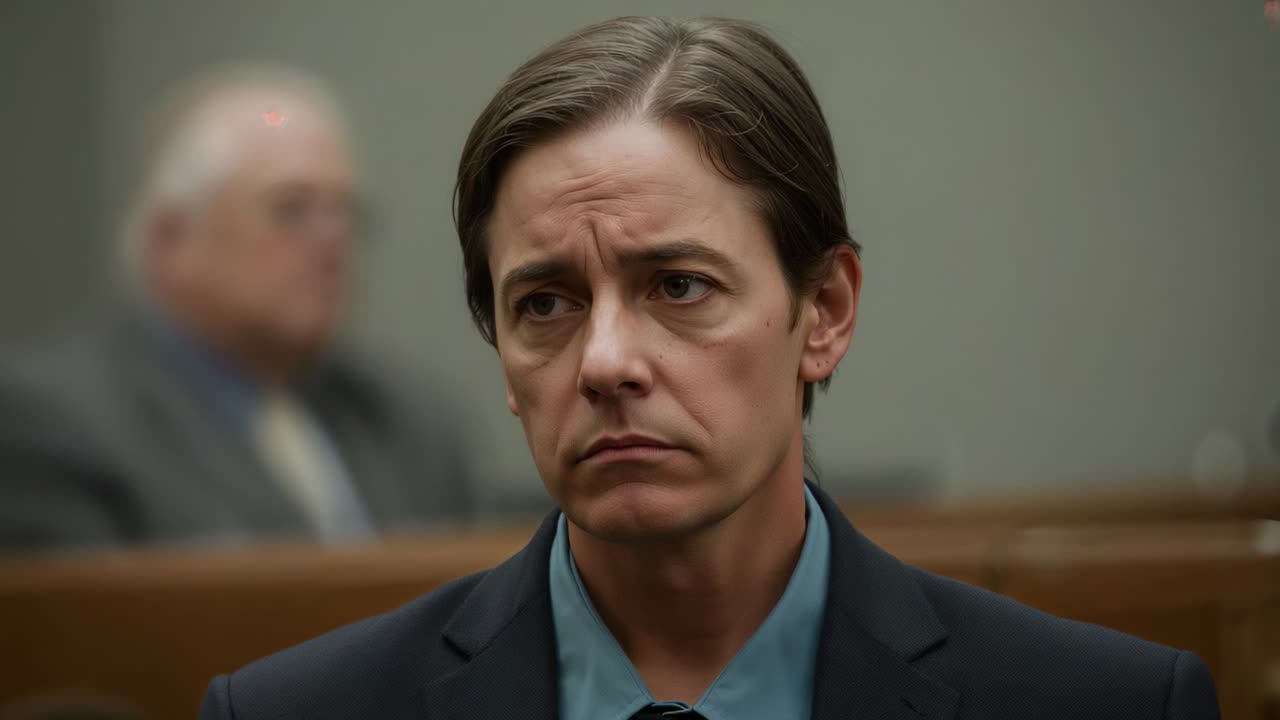 Hearing starting, man in dark suit turning head left in courtroom, showing wooden bench