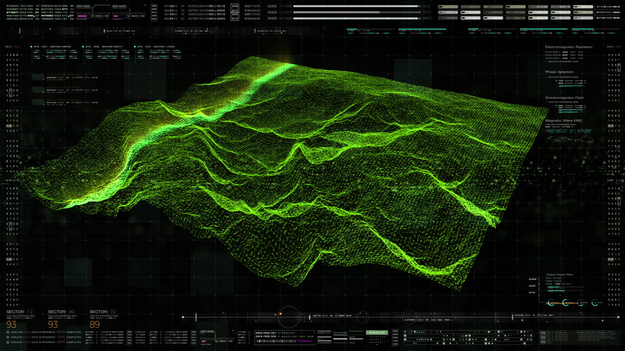 entorno de terreno holográfico futurista, geomorfología, topografía y datos digitales pantalla de información de telemetría interfaz gráfica de usuario de movimiento pantalla de visualización frontal