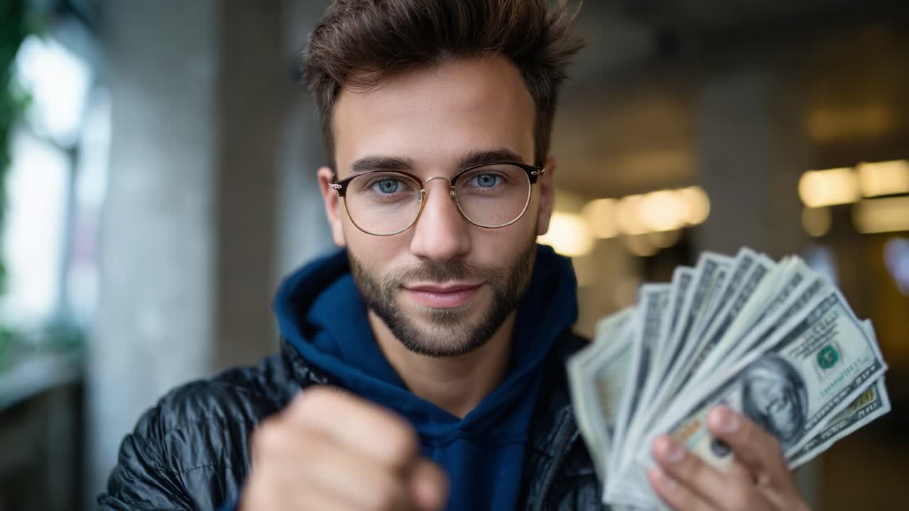 Jovem confiante exibindo dinheiro com uma expressão determinada, que significa sucesso financeiro e assertividade em um ambiente urbano dinâmico