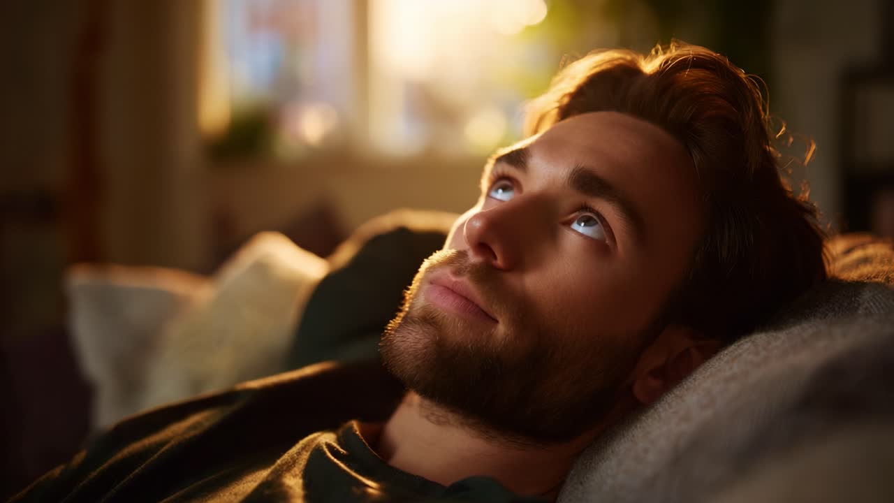 Um momento de reflexão suave: um homem perdido em pensamentos, relaxando confortavelmente em casa enquanto a luz suave entra pela janela em um cenário de noite tranquila