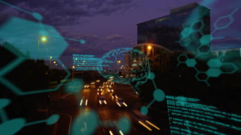 neural network and data processing animation over cityscape at dusk