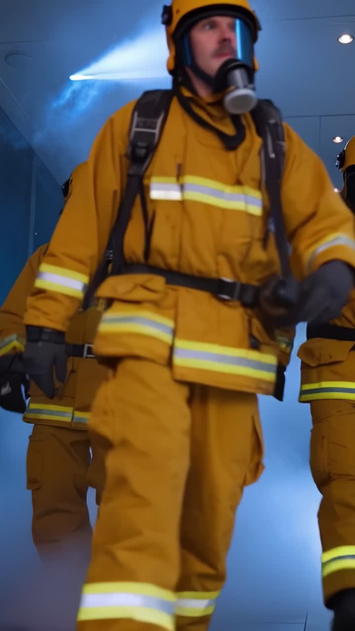 Bombeiros em Equipamento de Proteção Navegam por um Ambiente com Fumaça, Demonstrando Sua Coragem e Profissionalismo em Situações de Emergência